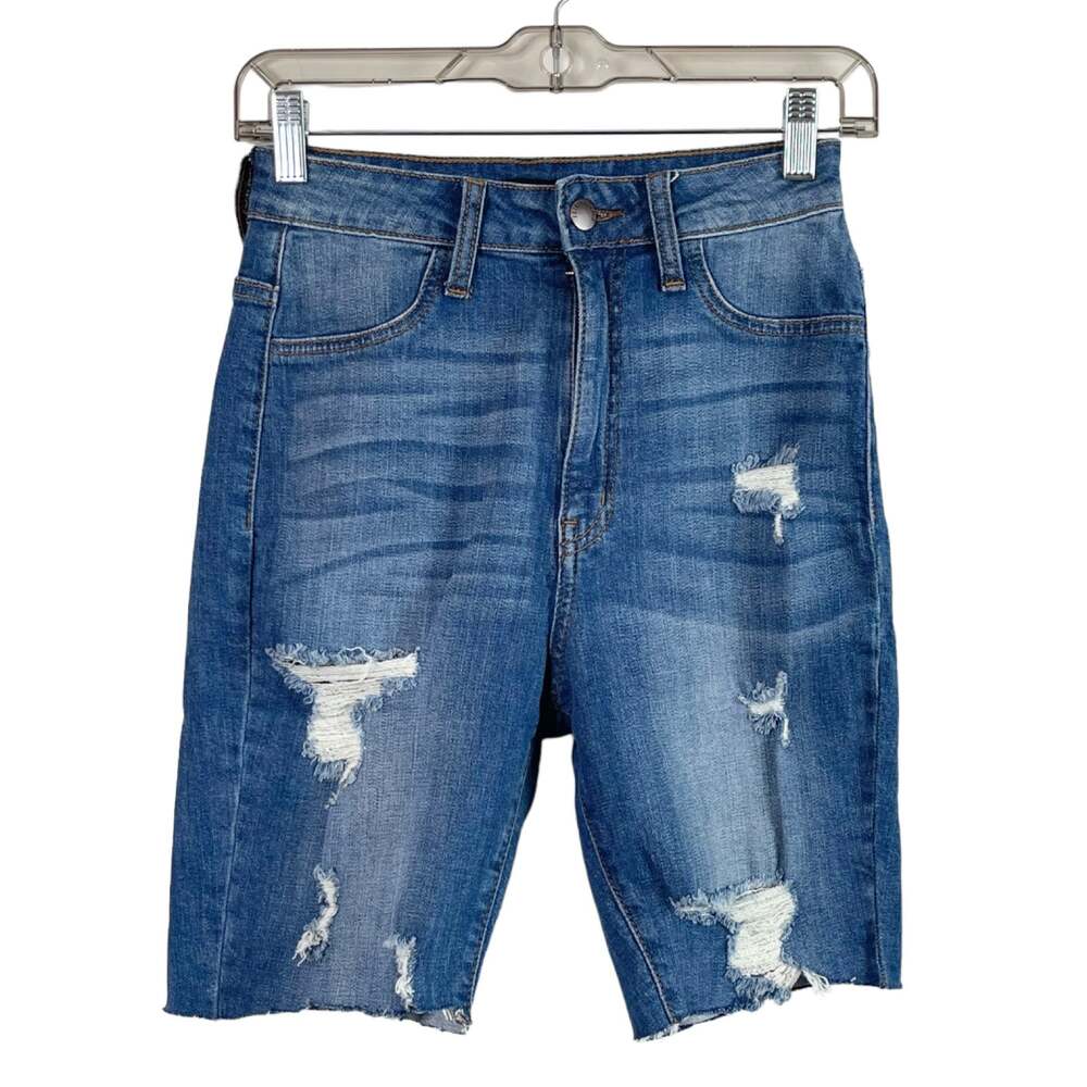 Fashion Nova Jean Denim Distressed Ripped Bermuda Biker Shorts Size 5